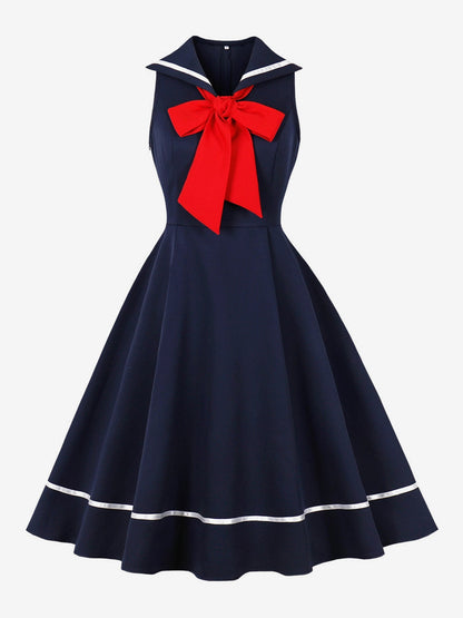 Sailor Collar Bow Knot Sleeveless Retro Swing A-Line Dress For Women 2026