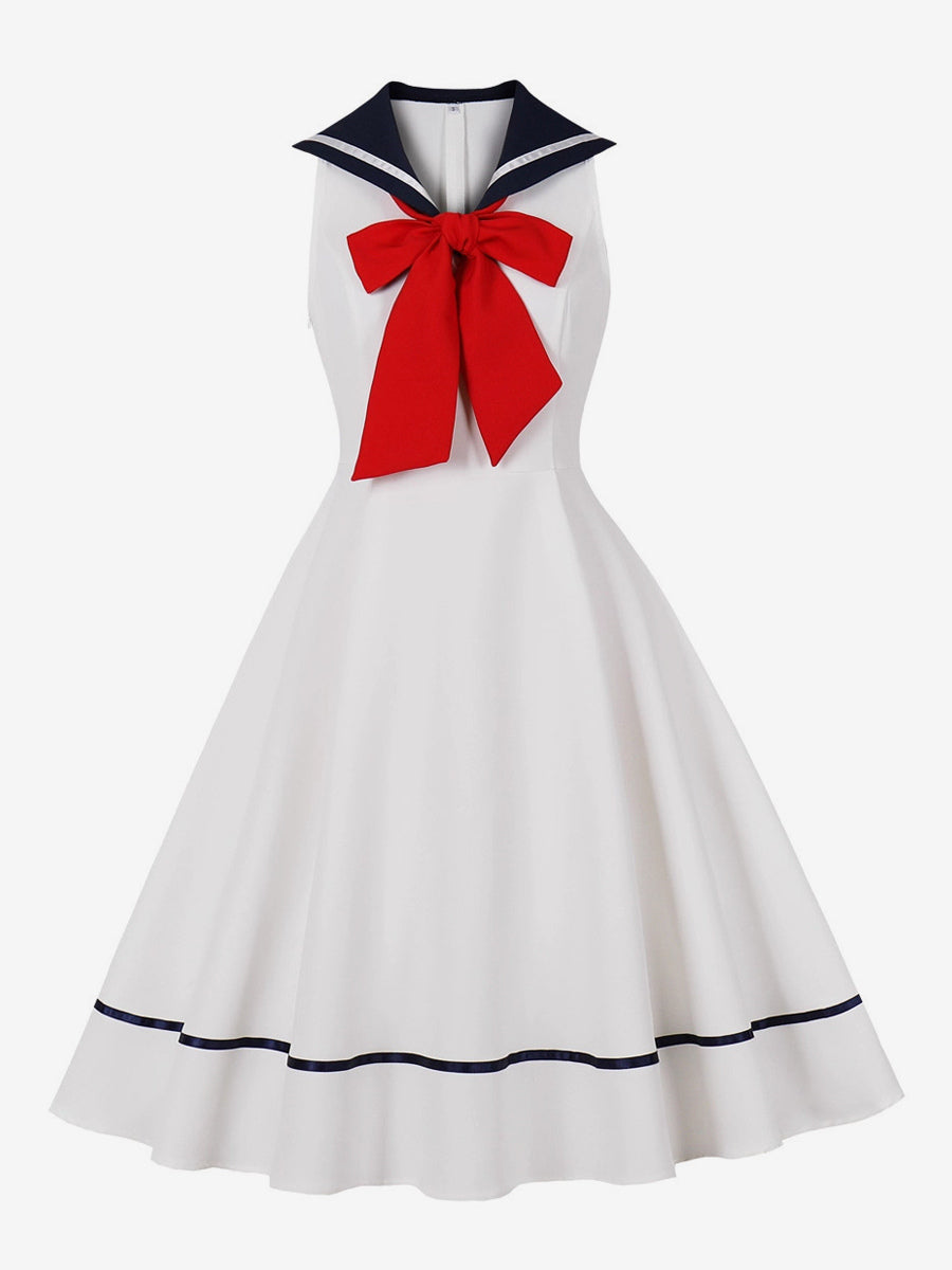 Sailor Collar Bow Knot Sleeveless Retro Swing A-Line Dress For Women 2026