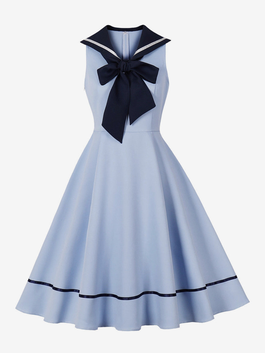 Sailor Collar Bow Knot Sleeveless Retro Swing A-Line Dress For Women 2026