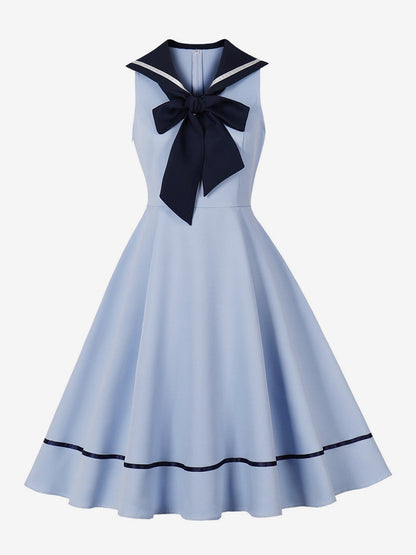 Sailor Collar Bow Knot Sleeveless Retro Swing A-Line Dress For Women 2026