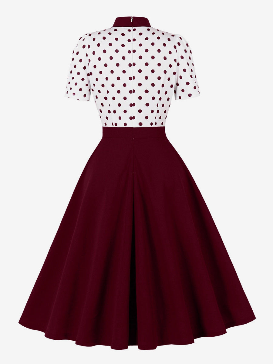 Polka Dot Patchwork Bow Tie Neck Short Sleeve Retro Swing Dress For Women 2026