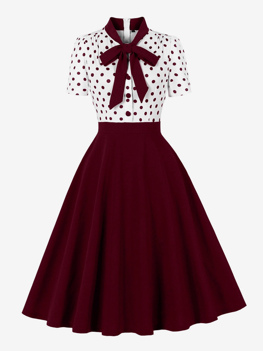 Polka Dot Patchwork Bow Tie Neck Short Sleeve Retro Swing Dress For Women 2026