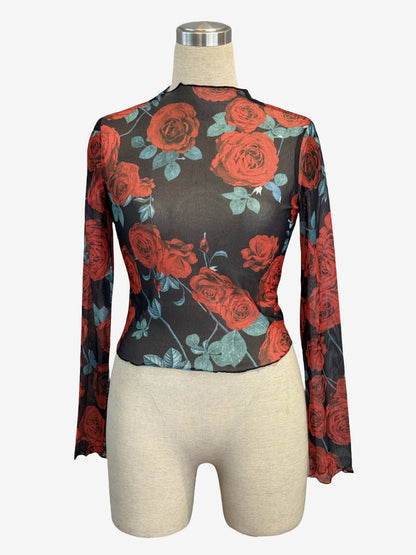 Vintage Rose Floral Print Lettuce Trim Mesh Long Sleeve Skinny Top For Women 2026