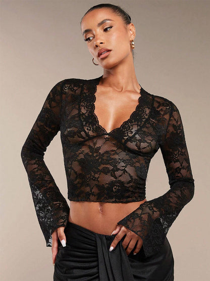 Deep V Neck Scalloped Floral Lace Sheer Crop Top For Women 2026
