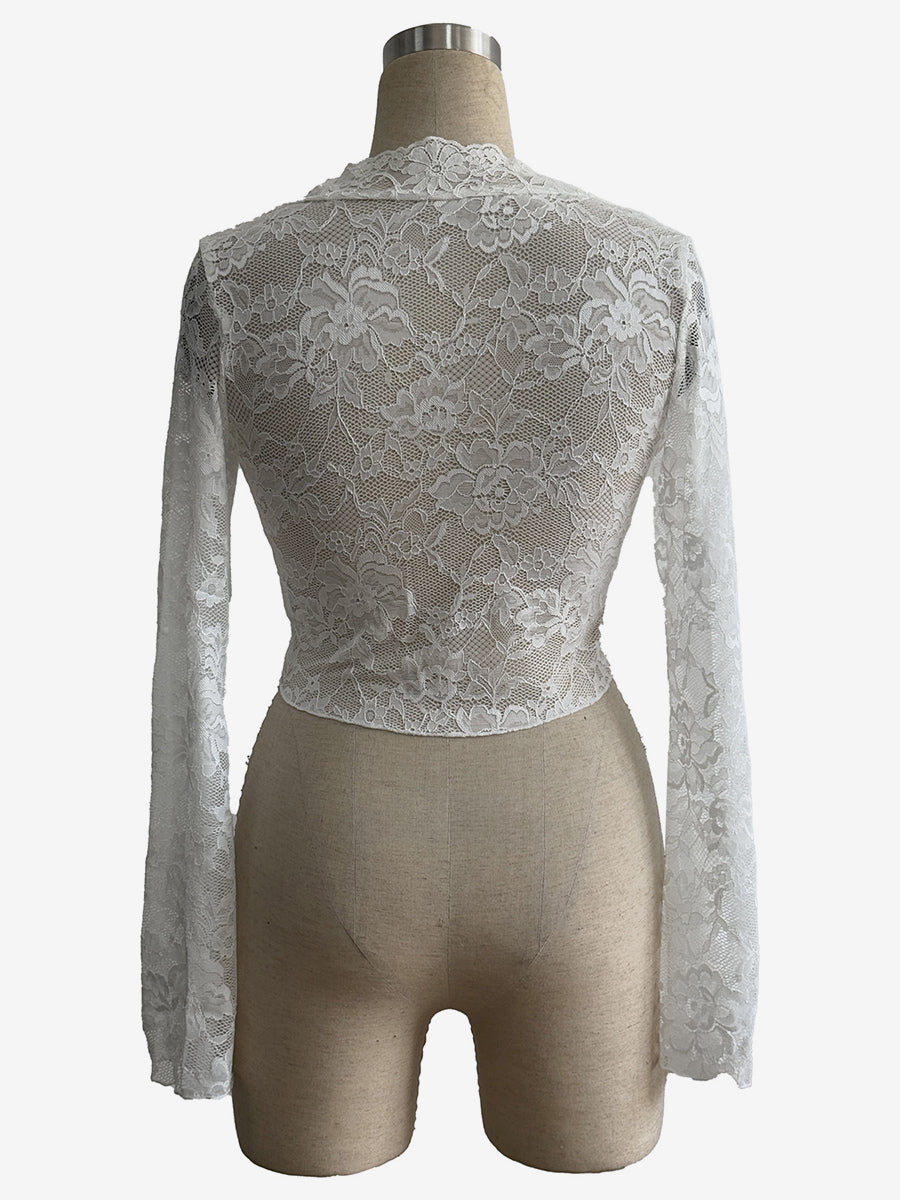 Deep V Neck Scalloped Floral Lace Sheer Crop Top For Women 2026