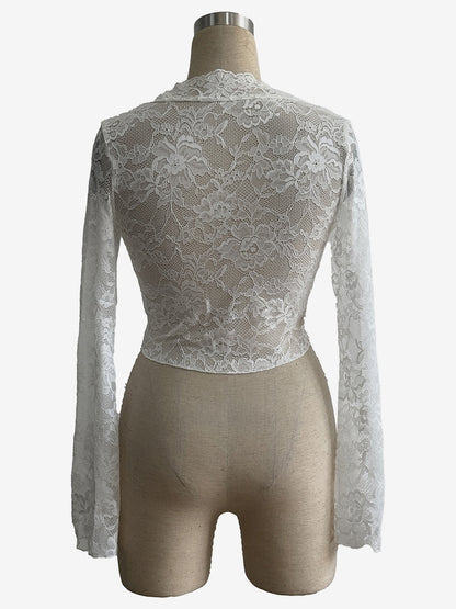 Deep V Neck Scalloped Floral Lace Sheer Crop Top For Women 2026