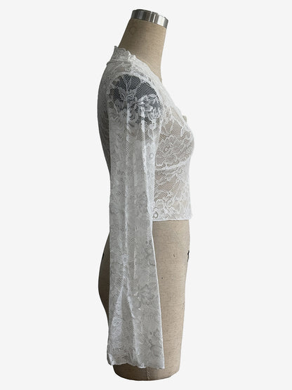 Deep V Neck Scalloped Floral Lace Sheer Crop Top For Women 2026