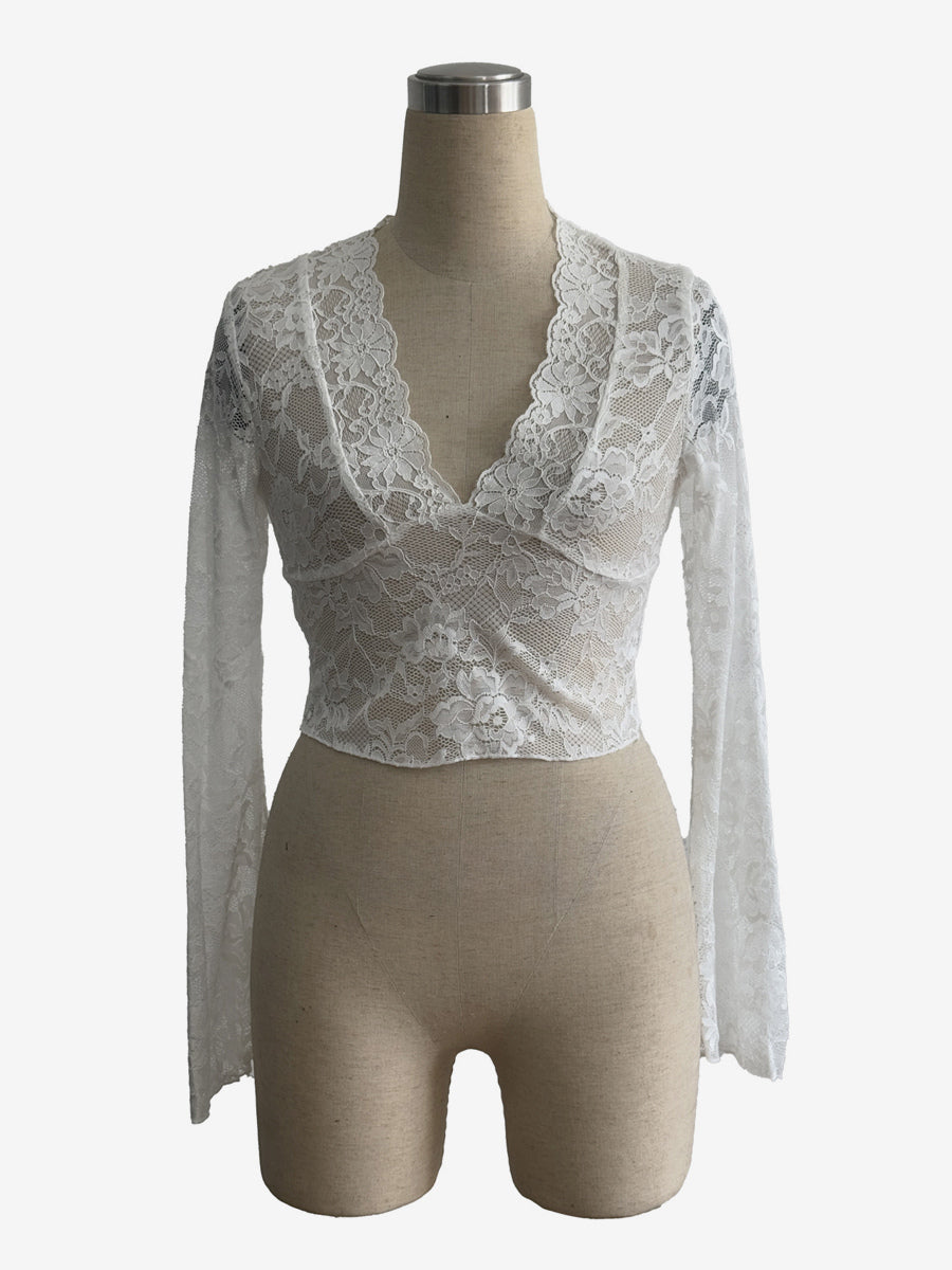 Deep V Neck Scalloped Floral Lace Sheer Crop Top For Women 2026