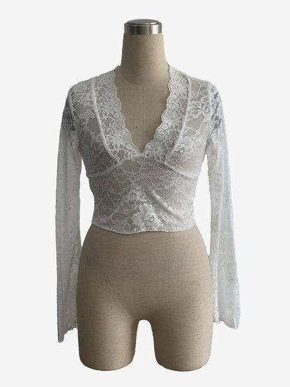 Deep V Neck Scalloped Floral Lace Sheer Crop Top For Women 2026