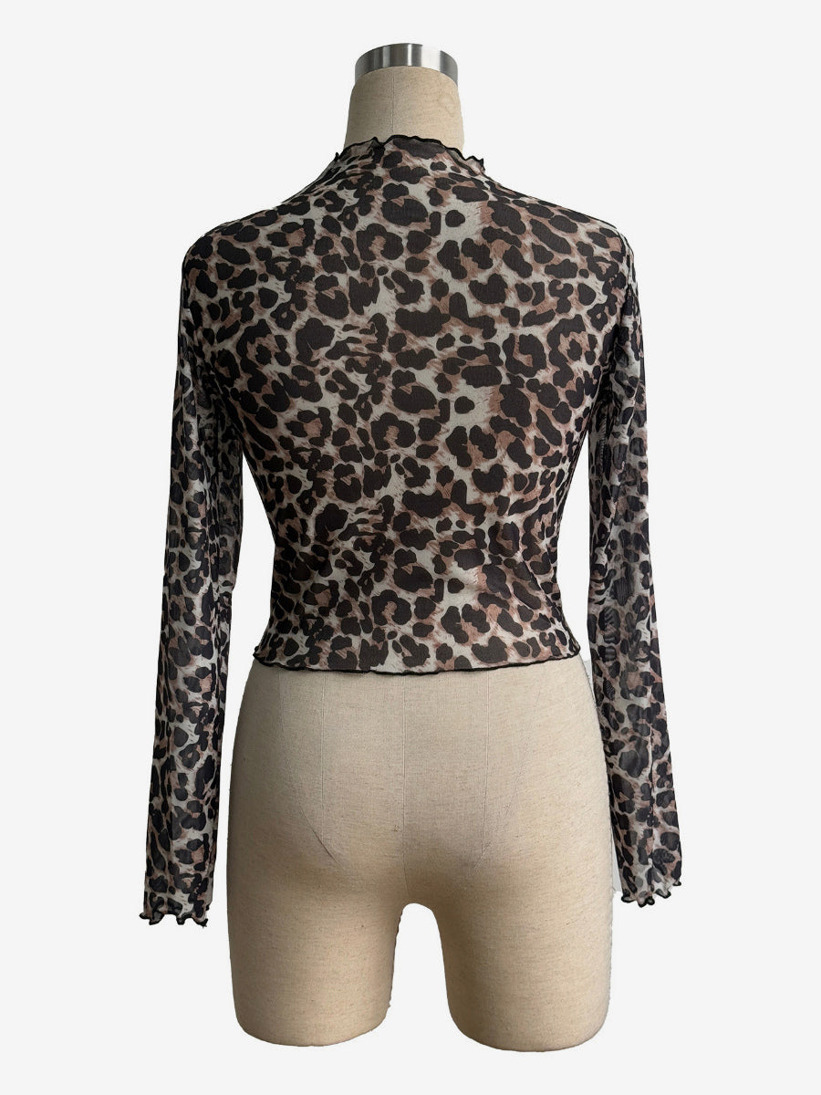 Leopard Print Mock Neck Lettuce Trim Mesh Slim Fit Skinny Top For Women 2026