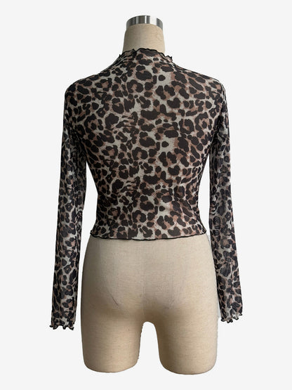 Leopard Print Mock Neck Lettuce Trim Mesh Slim Fit Skinny Top For Women 2026