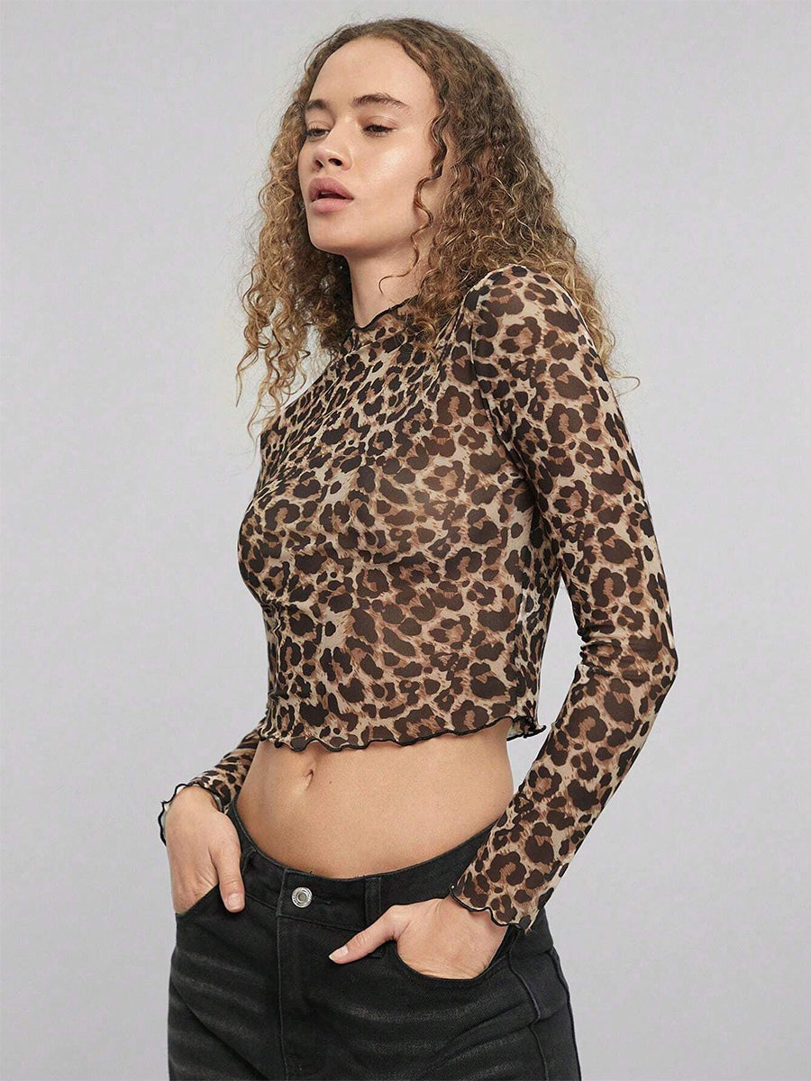 Leopard Print Mock Neck Lettuce Trim Mesh Slim Fit Skinny Top For Women 2026