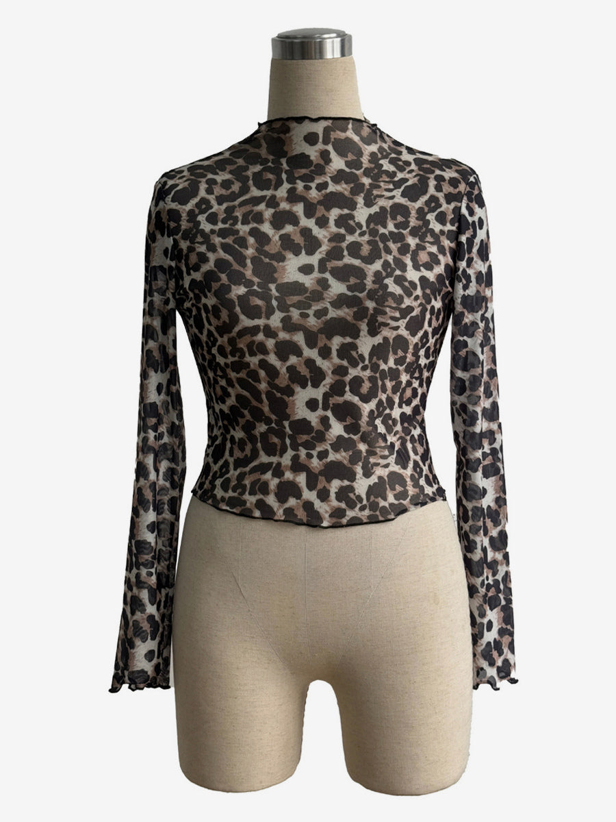 Leopard Print Mock Neck Lettuce Trim Mesh Slim Fit Skinny Top For Women 2026