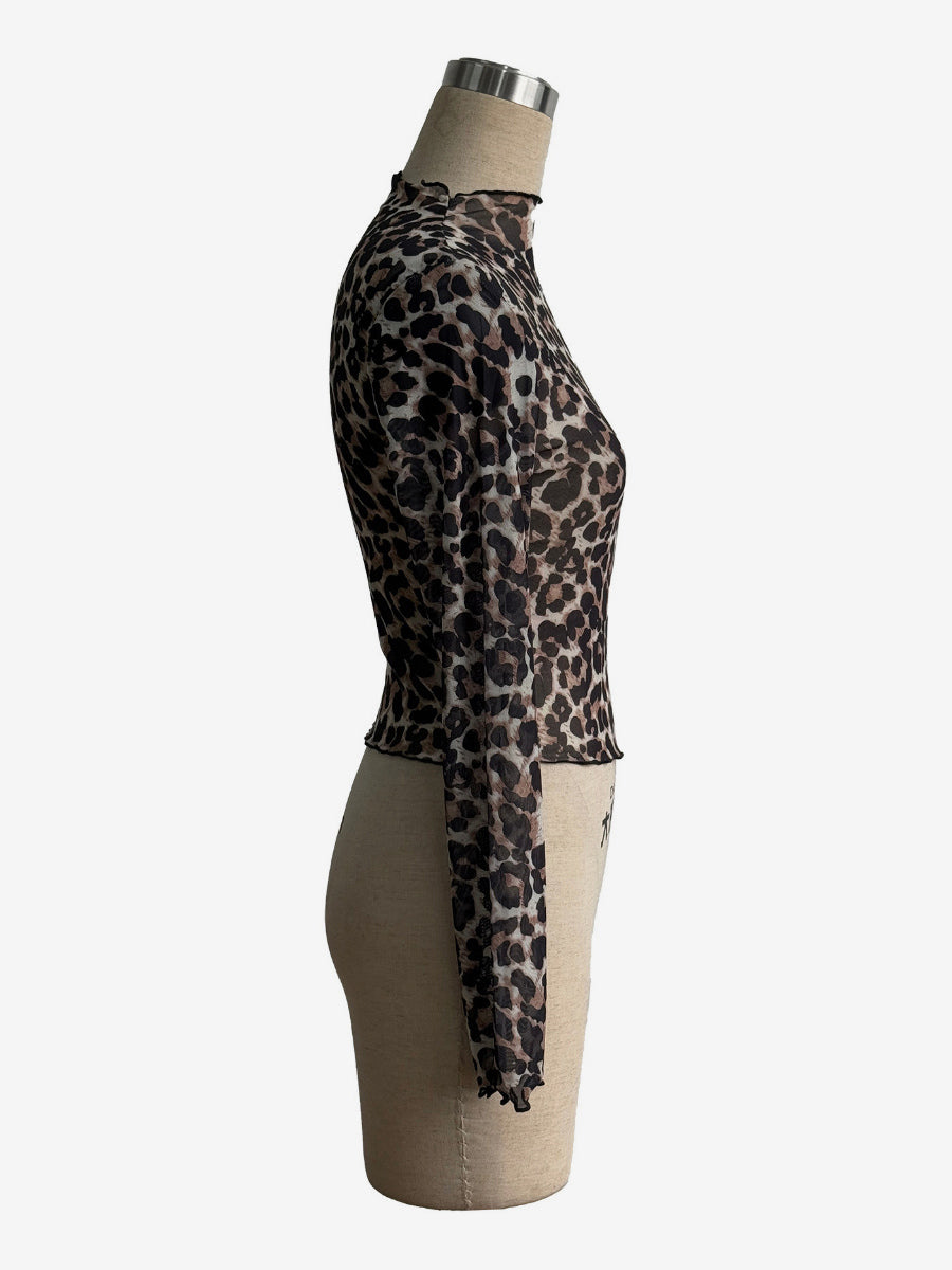 Leopard Print Mock Neck Lettuce Trim Mesh Slim Fit Skinny Top For Women 2026