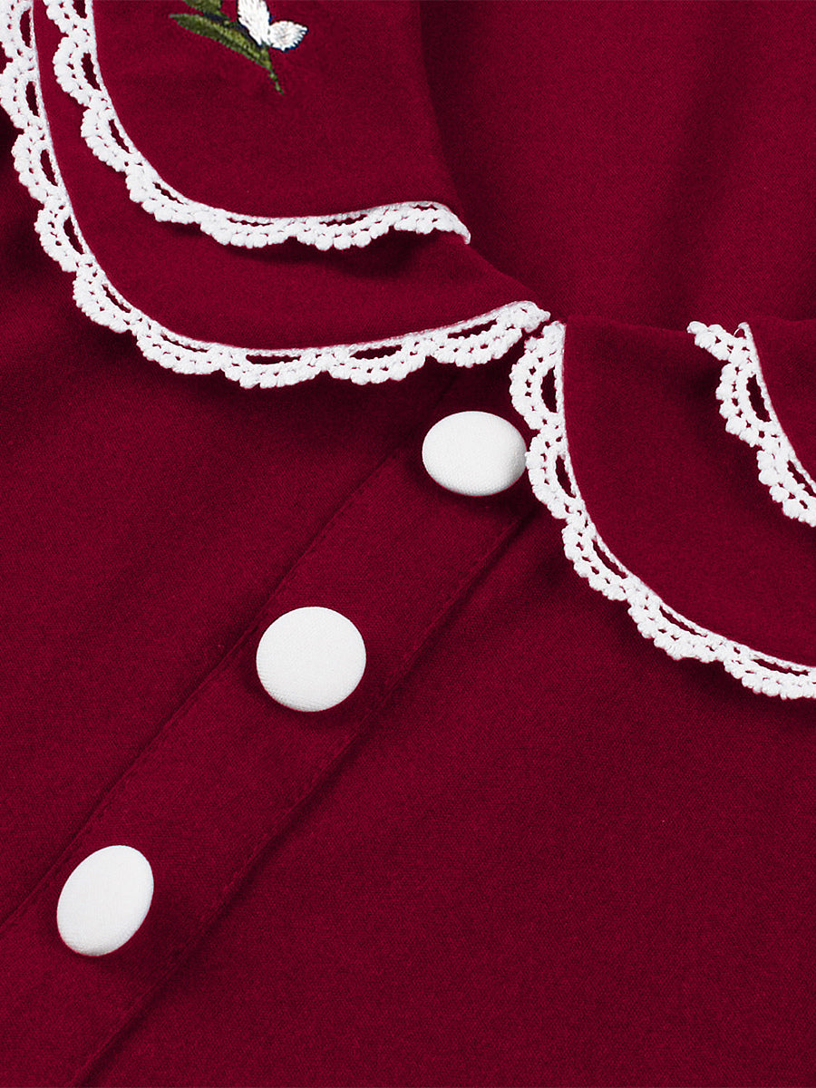 Double Layer Peter Pan Collar Embroidery Puff Sleeve Swing Dress For Women 2026
