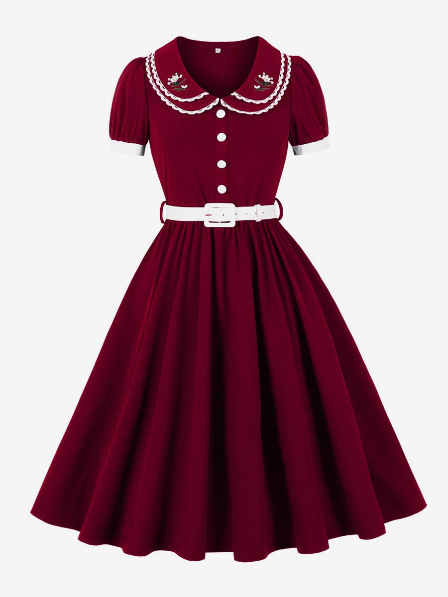 Double Layer Peter Pan Collar Embroidery Puff Sleeve Swing Dress For Women 2026