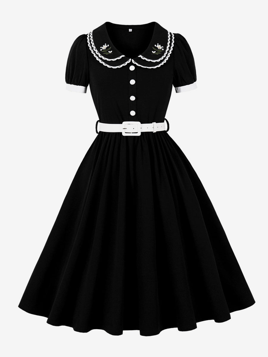 Double Layer Peter Pan Collar Embroidery Puff Sleeve Swing Dress For Women 2026