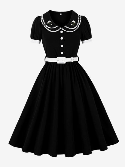 Double Layer Peter Pan Collar Embroidery Puff Sleeve Swing Dress For Women 2026