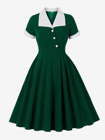 Contrast Lapel Collar Short Sleeve Retro Swing Dress For Women 2026