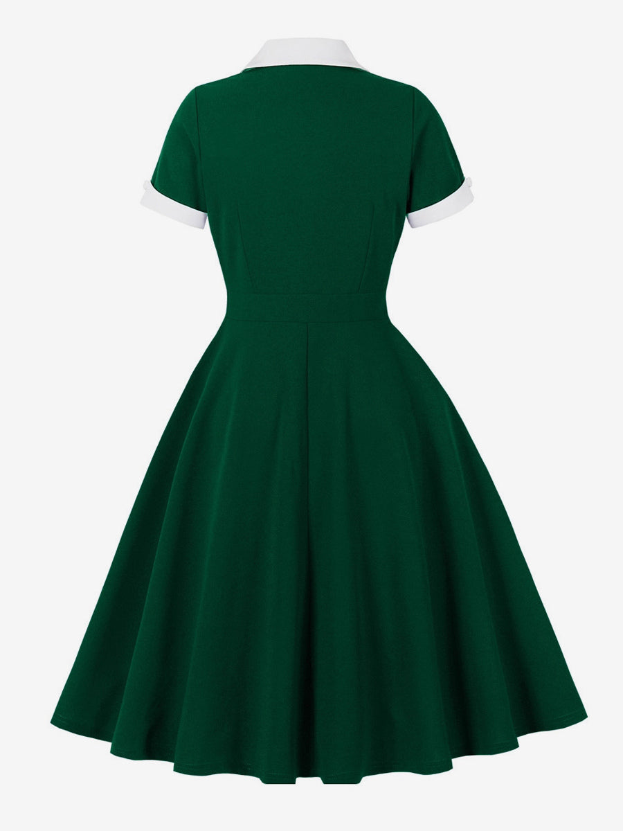 Contrast Lapel Collar Short Sleeve Retro Swing Dress For Women 2026