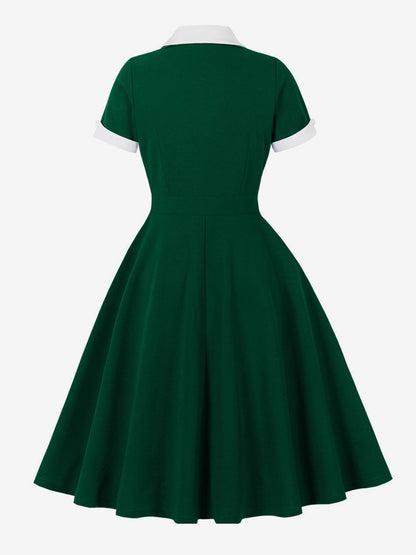 Contrast Lapel Collar Short Sleeve Retro Swing Dress For Women 2026
