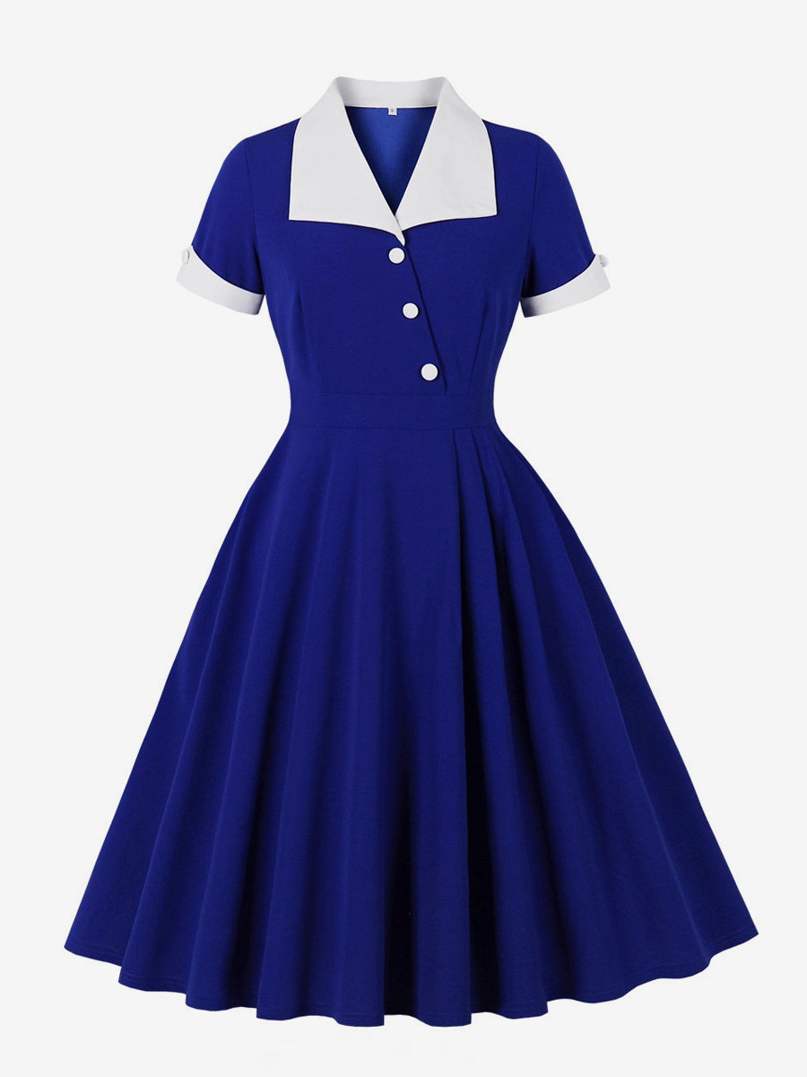 Contrast Lapel Collar Short Sleeve Retro Swing Dress For Women 2026