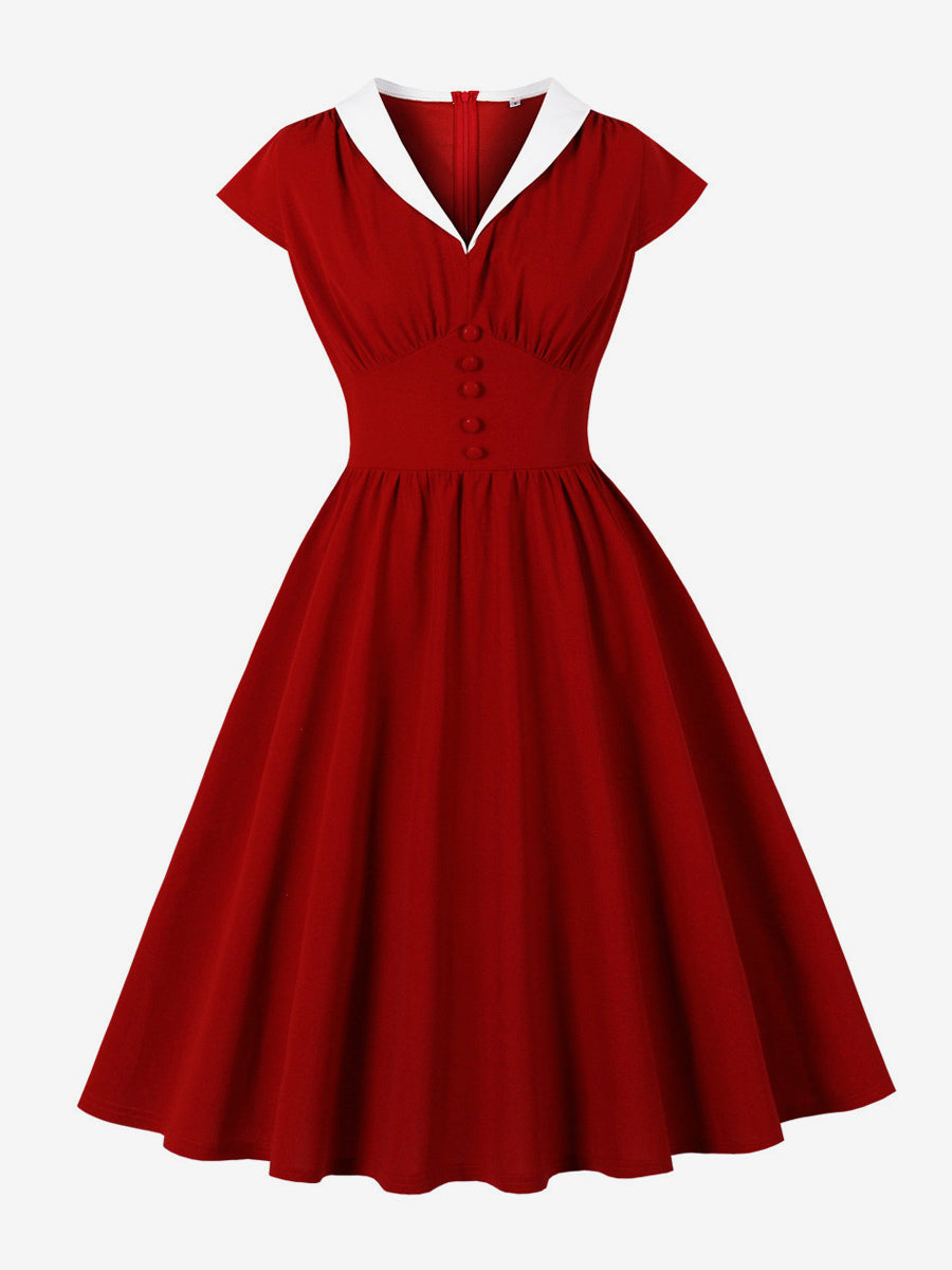 V Neck Contrast Lapel Ruched Retro A-line Swing Dress For Women 2026