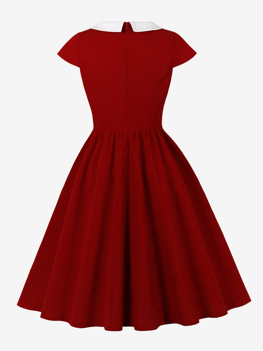 V Neck Contrast Lapel Ruched Retro A-line Swing Dress For Women 2026