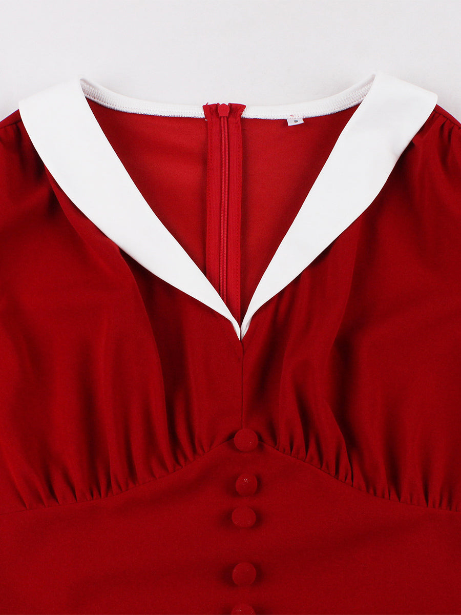 V Neck Contrast Lapel Ruched Retro A-line Swing Dress For Women 2026