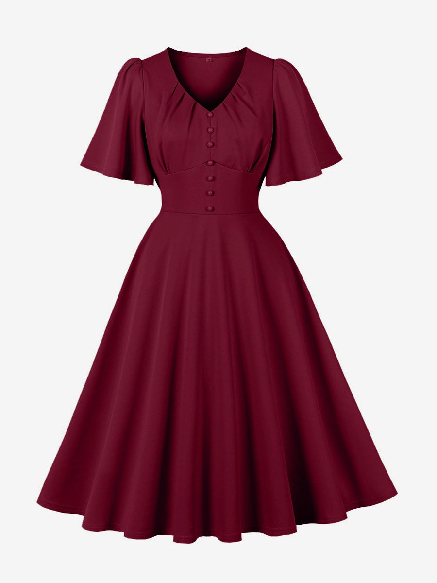 V Neck Ruched Front Button Decor Flutter Sleeve Retro Swing Dress For Women 2026