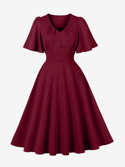 V Neck Ruched Front Button Decor Flutter Sleeve Retro Swing Dress For Women 2026