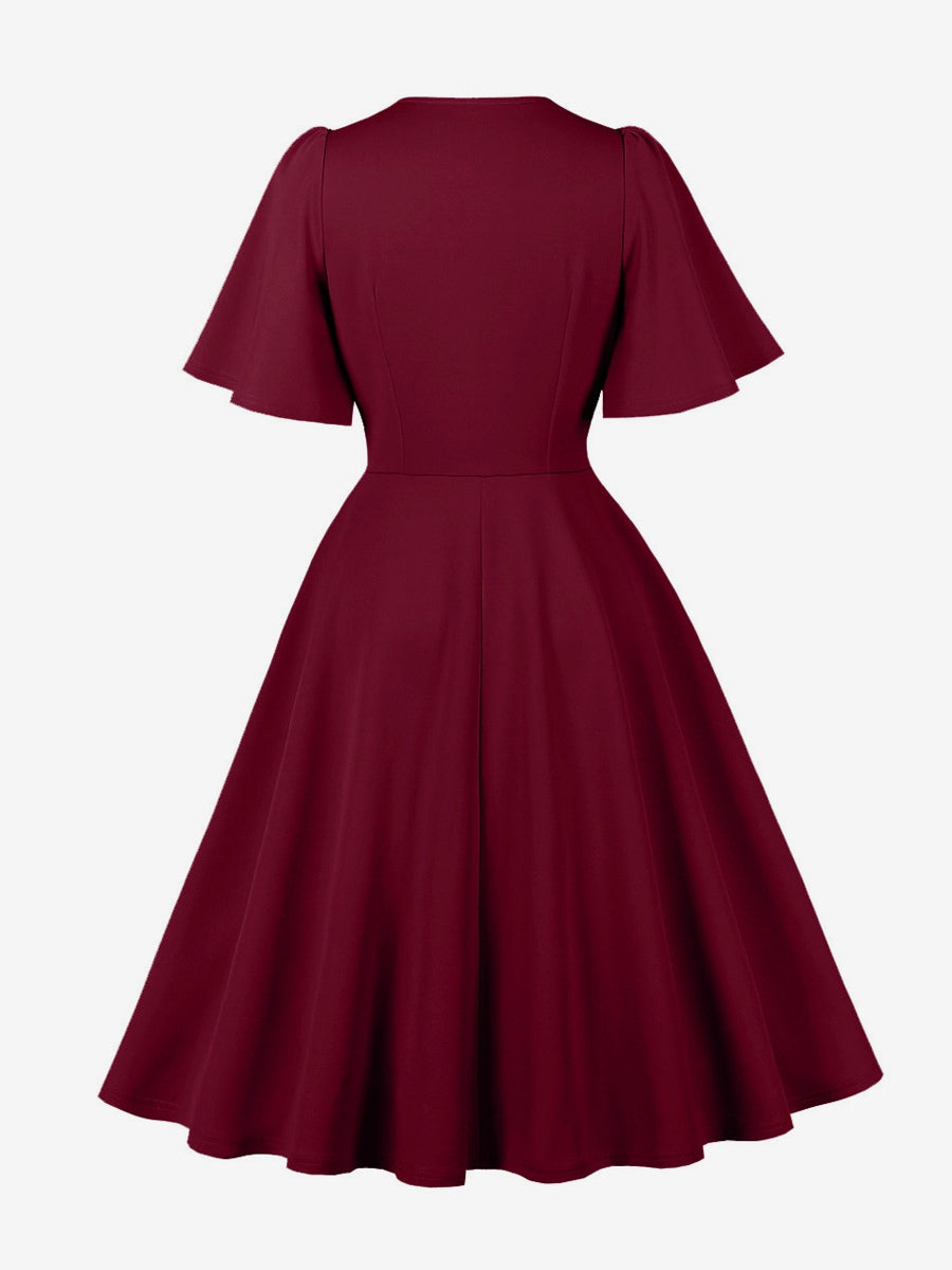 V Neck Ruched Front Button Decor Flutter Sleeve Retro Swing Dress For Women 2026