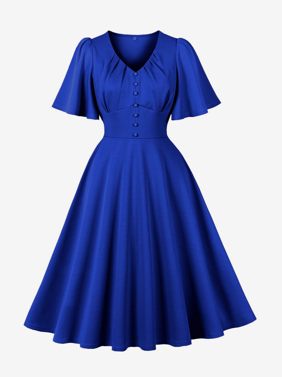 V Neck Ruched Front Button Decor Flutter Sleeve Retro Swing Dress For Women 2026