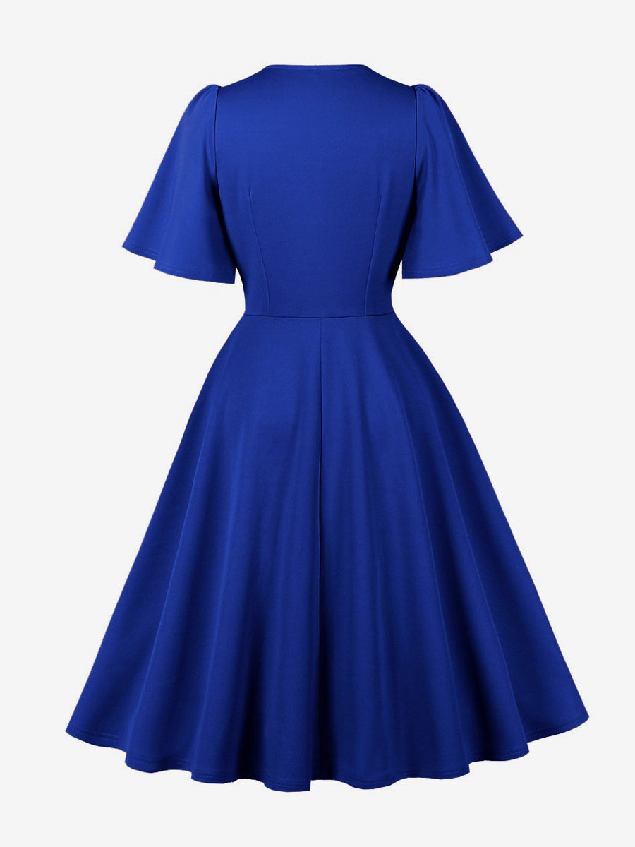 V Neck Ruched Front Button Decor Flutter Sleeve Retro Swing Dress For Women 2026