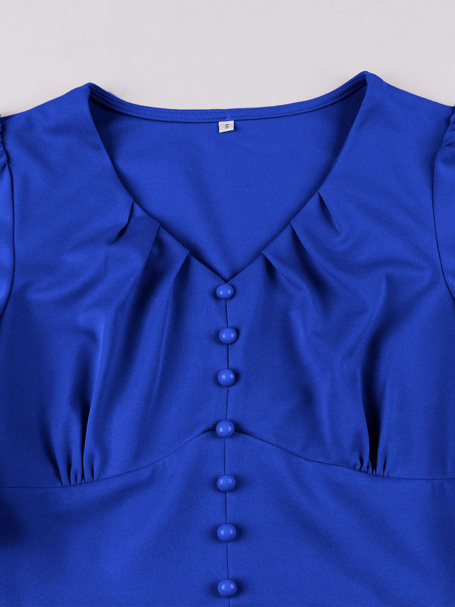 V Neck Ruched Front Button Decor Flutter Sleeve Retro Swing Dress For Women 2026