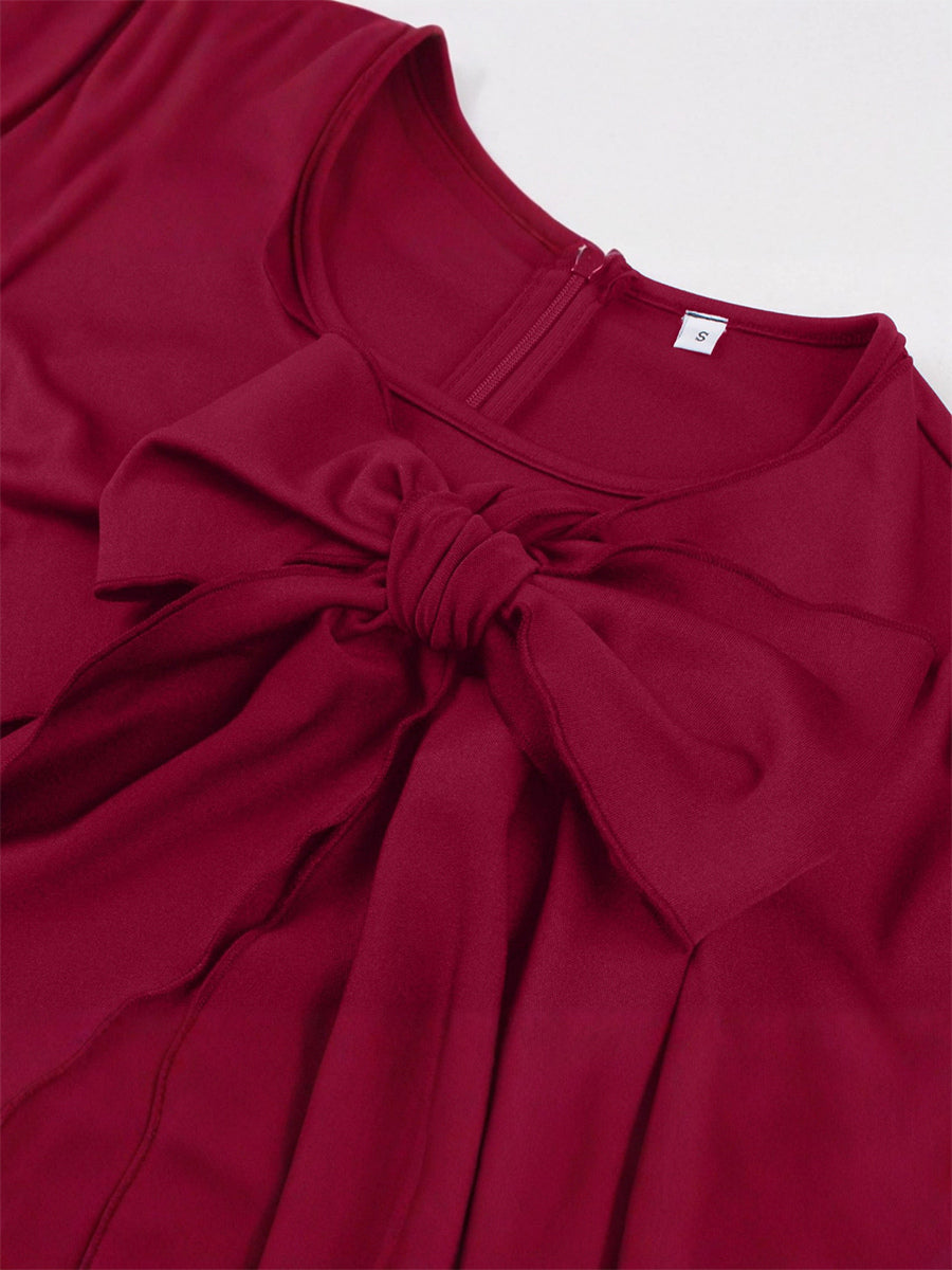 Side Bow Knot Crew Neck Short Sleeve A Line Swing Dress For Women 2026