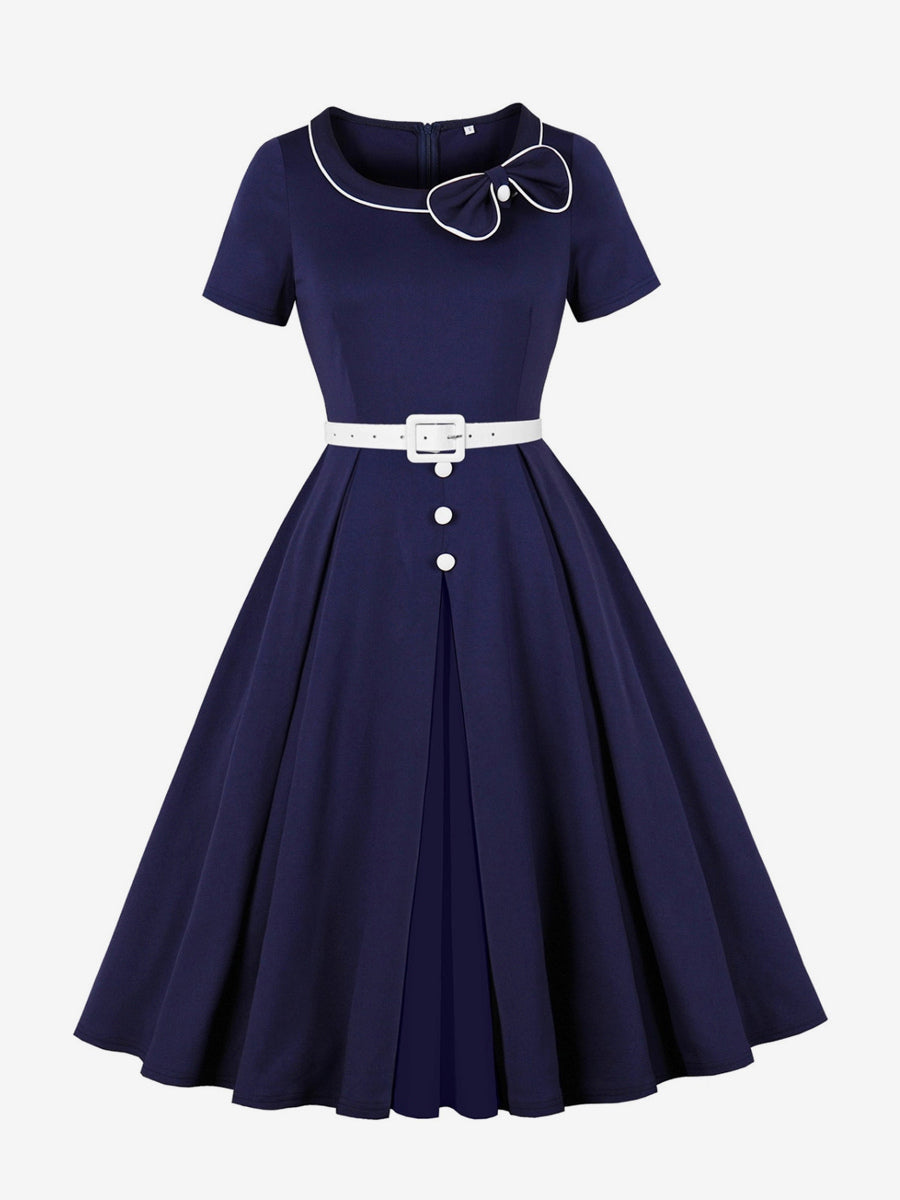 Contrast Piping Bow Neck Button Decor Pleated A Line Swing Dress For Women 2026