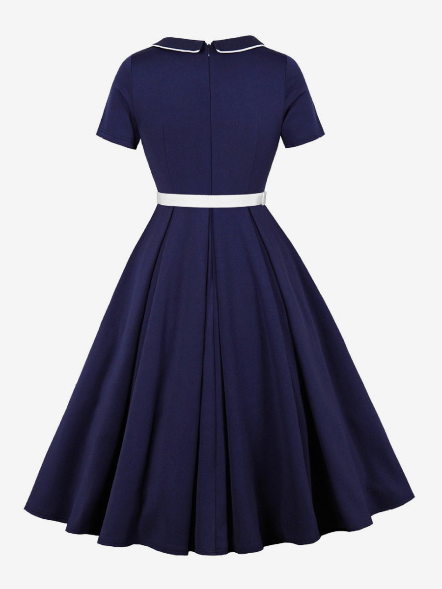 Contrast Piping Bow Neck Button Decor Pleated A Line Swing Dress For Women 2026