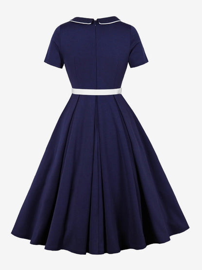 Contrast Piping Bow Neck Button Decor Pleated A Line Swing Dress For Women 2026