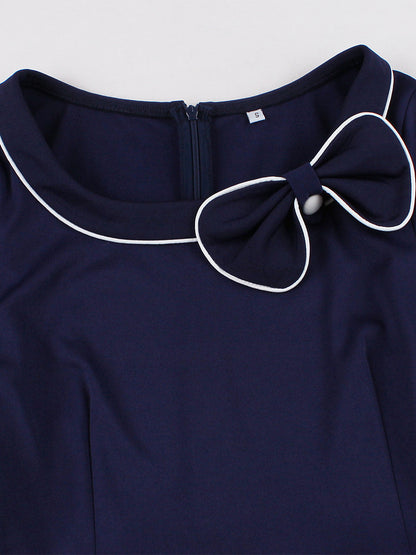 Contrast Piping Bow Neck Button Decor Pleated A Line Swing Dress For Women 2026