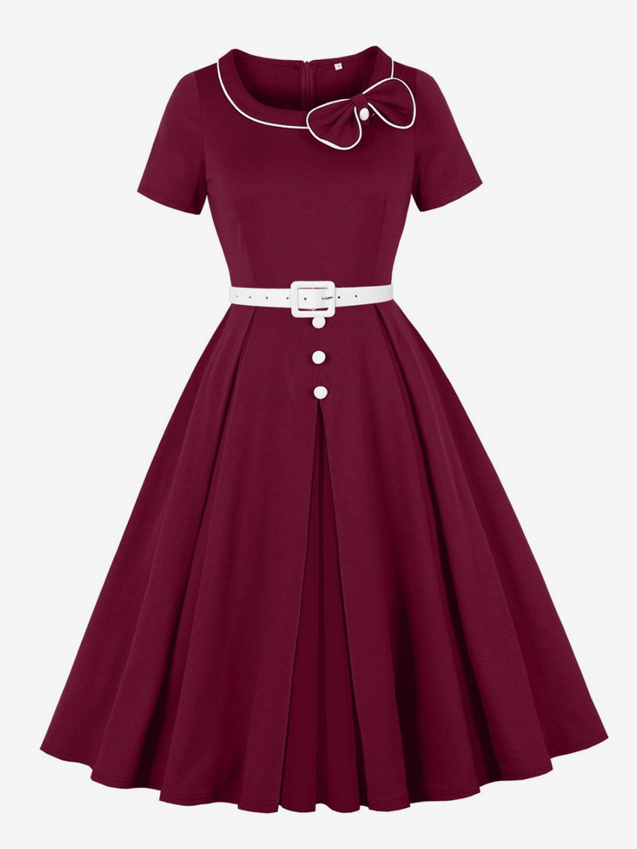 Contrast Piping Bow Neck Button Decor Pleated A Line Swing Dress For Women 2026