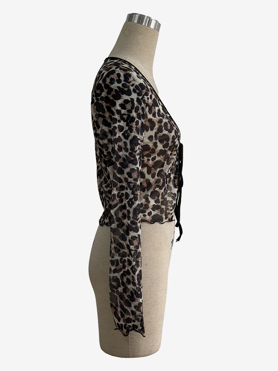Leopard Print Tie Front Mesh Cardigan Long Sleeve Crop Top For Women 2026