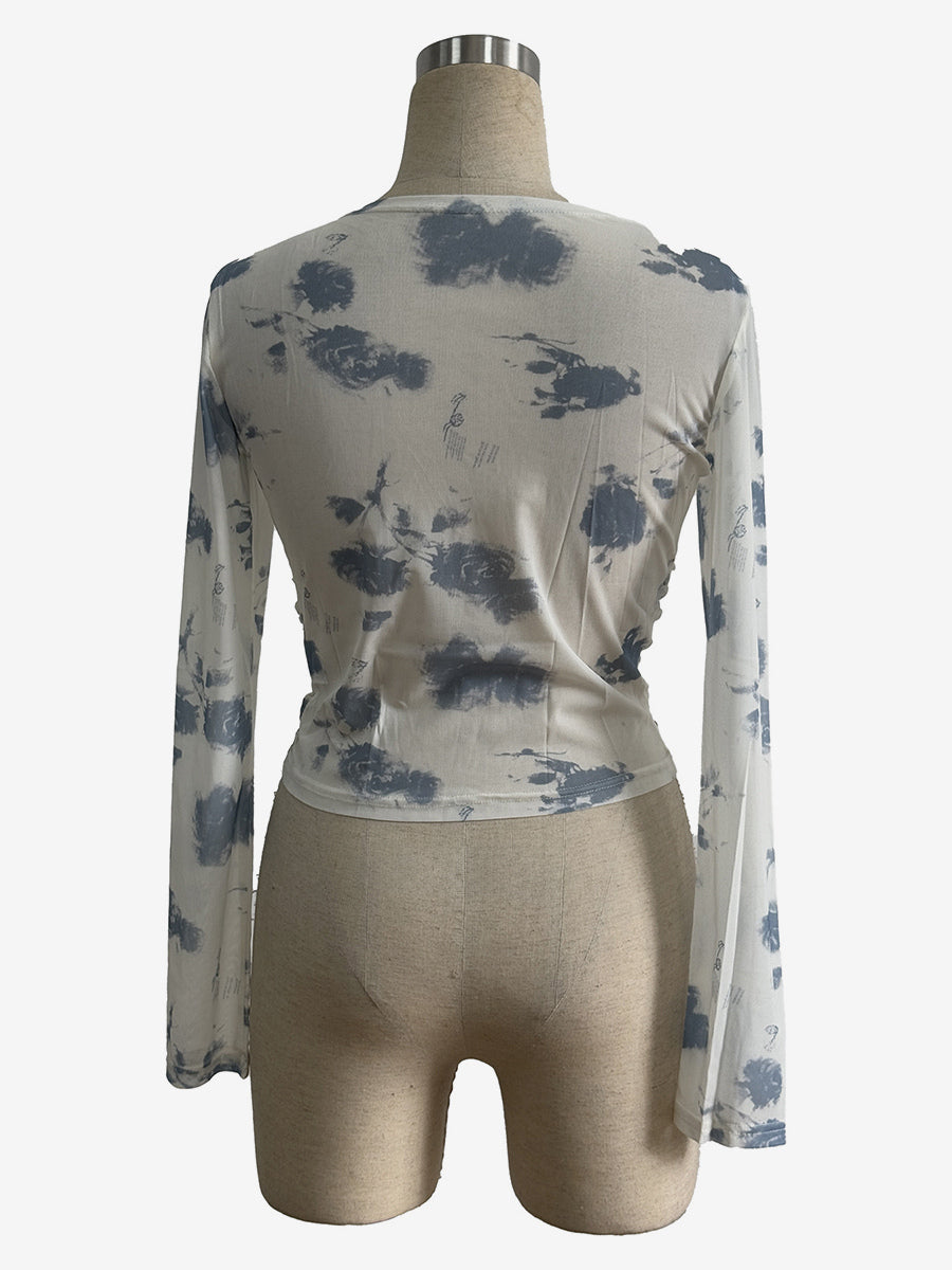 Smoky Floral Print Ruched Side Slim Fit Long Sleeve Skinny Top For Women 2026
