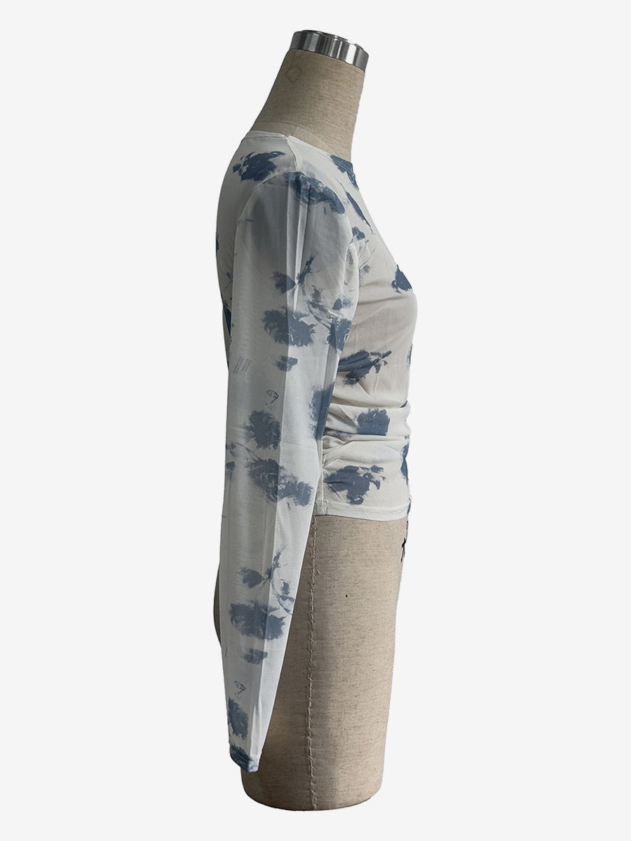 Smoky Floral Print Ruched Side Slim Fit Long Sleeve Skinny Top For Women 2026