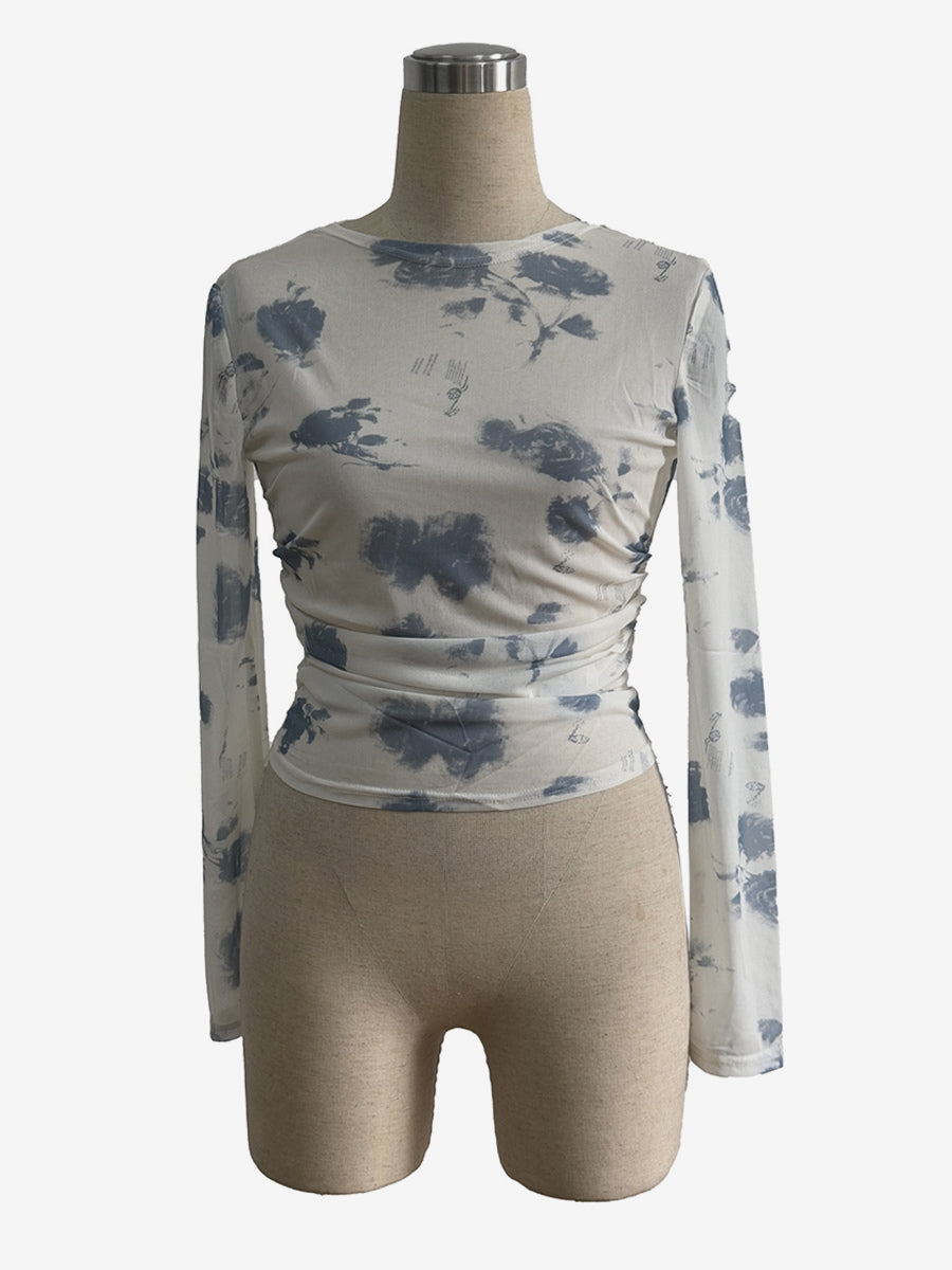 Smoky Floral Print Ruched Side Slim Fit Long Sleeve Skinny Top For Women 2026