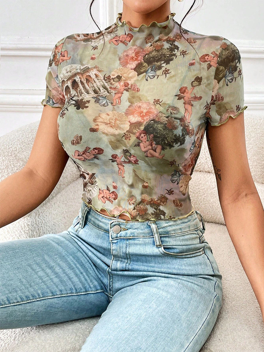 Angel Cupid Print Lettuce Trim Mesh Short Sleeve Slim Tee For Women 2026