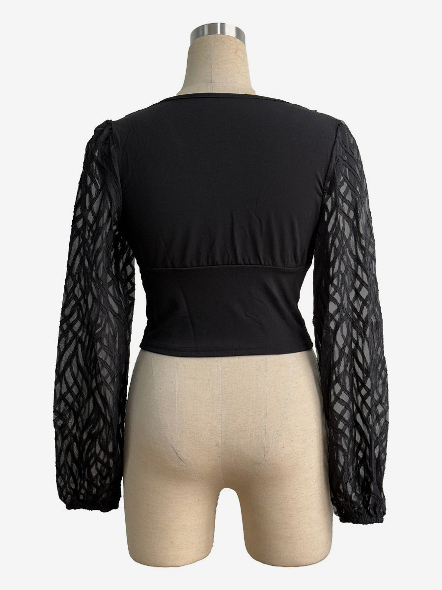 Deep V Neck Ruched Front Lantern Sleeve Slim Top For Women 2026