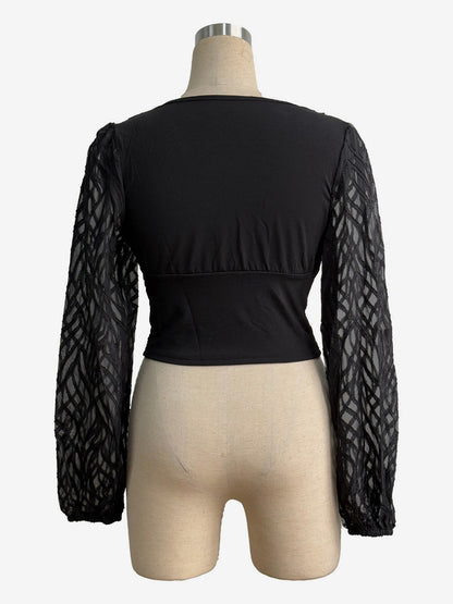 Deep V Neck Ruched Front Lantern Sleeve Slim Top For Women 2026