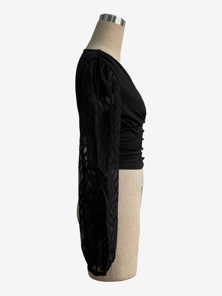 Deep V Neck Ruched Front Lantern Sleeve Slim Top For Women 2026