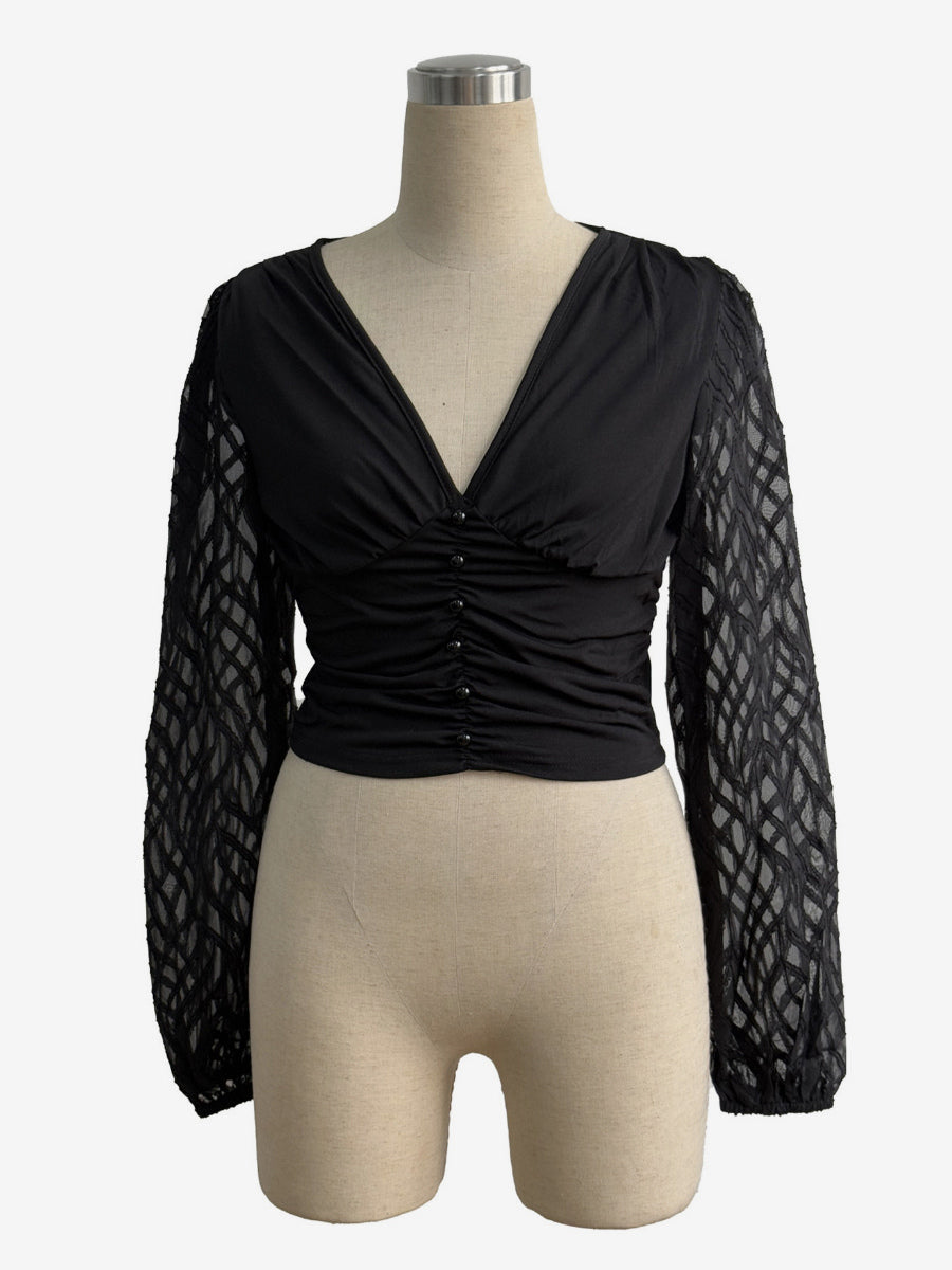 Deep V Neck Ruched Front Lantern Sleeve Slim Top For Women 2026